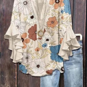 Creative Printed Casual V-Neck Lotus-Edged Top For Women