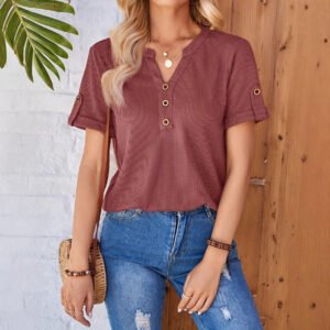 Women's Summer Button Short Sleeved Loose Solid Color Notch V-neck Pullover